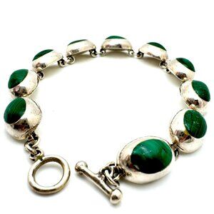 Vtg Mexico 925 Sterling Silver Malachite Bracelet 7.5 Oval Links Toggle Clasp